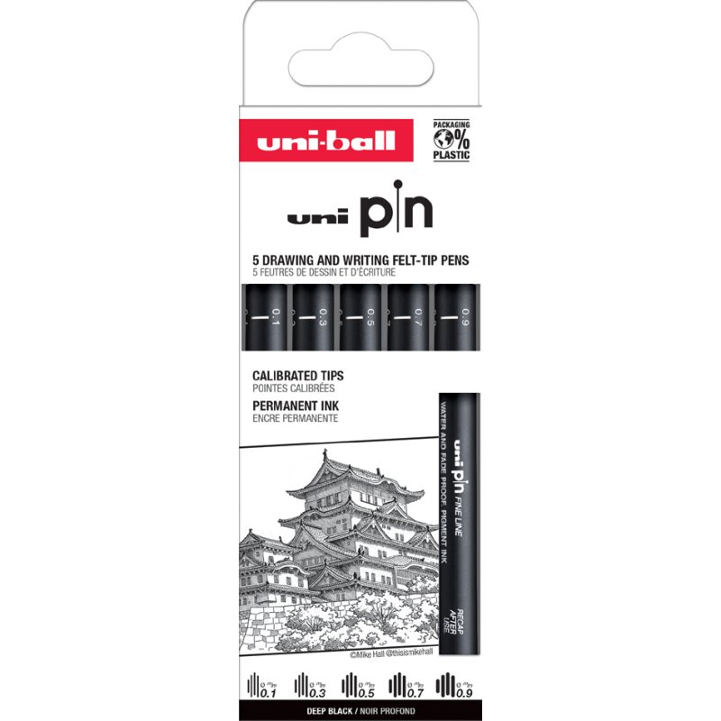 uni-ball fijnschrijvers PIN set, waterbestendige inkt, 5 stuks